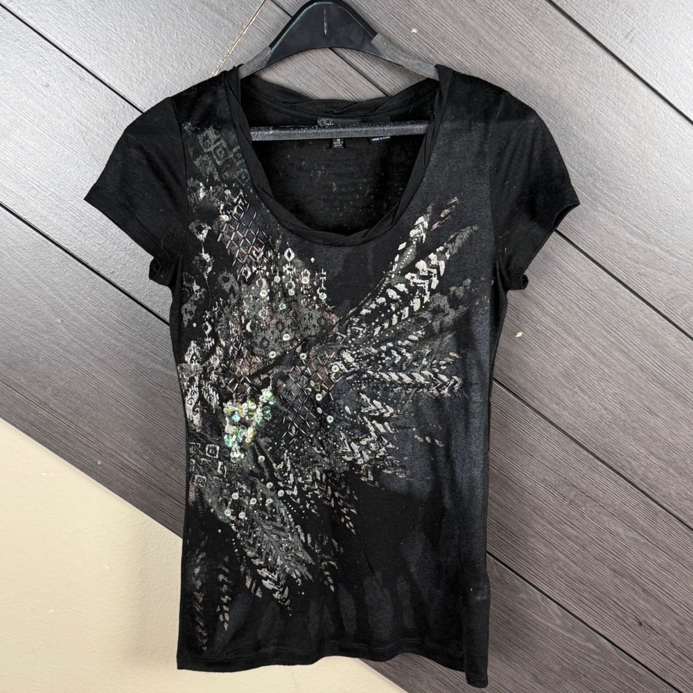 Miss Me Women's Medium Black Distressed Embellished Graphic Tee Gems Beads Y2K